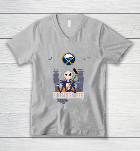NHL Buffalo Sabres Hockey Jack Skellington Halloween V-Neck T-Shirt 3