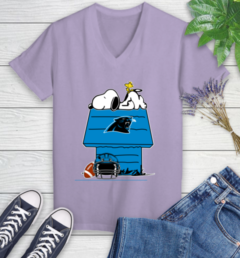Carolina Panthers NFL Football Snoopy Woodstock The Peanuts Movie Women's V-Neck T-Shirt 14