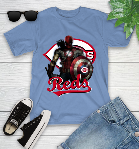 MLB Captain America Thor Spider Man Hawkeye Avengers Endgame Baseball Cincinnati Reds Youth T-Shirt 11