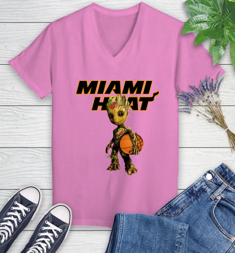 Miami Heat NBA Basketball Groot Marvel Guardians Of The Galaxy Women's V-Neck T-Shirt 14