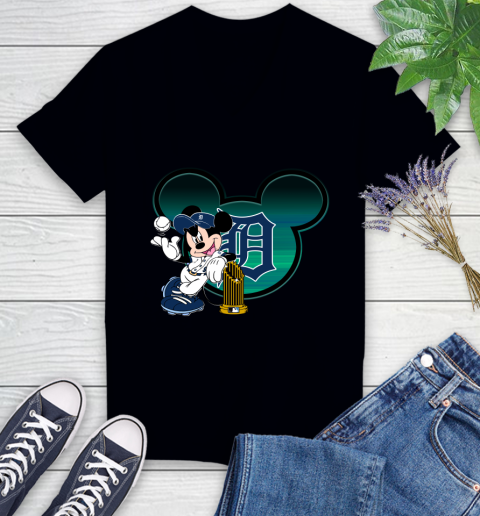 MLB Detroit Tigers The Commissioner's Trophy Mickey Mouse Disney Women's V-Neck T-Shirt 2