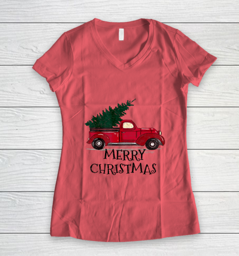 Vintage Red Truck With Merry Christmas Tree Women's V-Neck T-Shirt 3