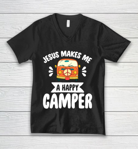 Jesus Makes Me A Happy Camper  Camping V-Neck T-Shirt