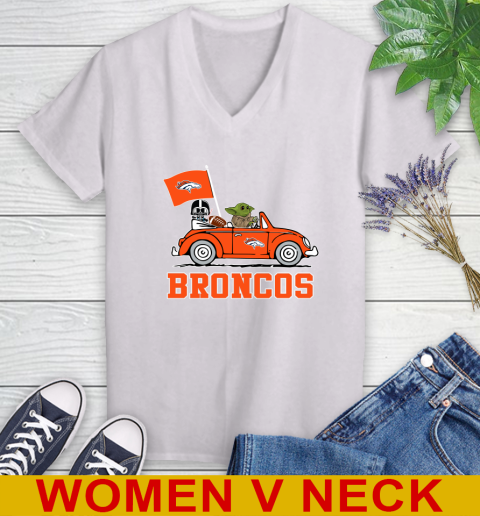NFL Football Denver Broncos Darth Vader Baby Yoda Driving Star Wars Shirt Women's V-Neck T-Shirt