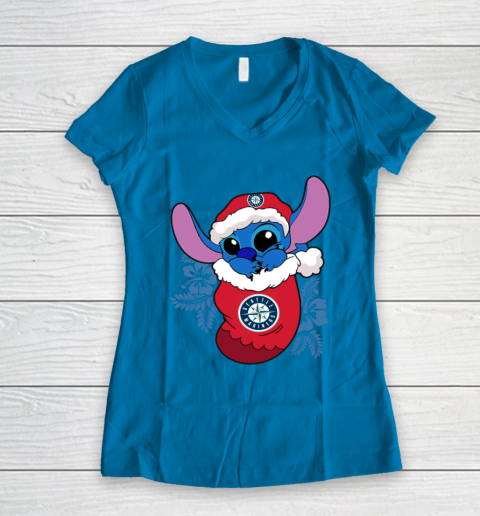 Seattle Mariners Christmas Stitch In The Sock Funny Disney MLB Women's V-Neck T-Shirt 7