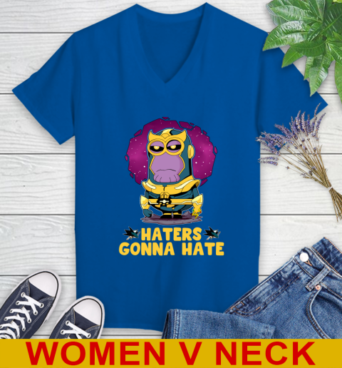 NHL Hockey San Jose Sharks Haters Gonna Hate Thanos Minion Marvel Shirt Women's V-Neck T-Shirt 12 NHL Hockey San Jose Sharks Haters Gonna Hate Thanos Minion Marvel Shirt Women's V-Neck T-Shirt - Image 12