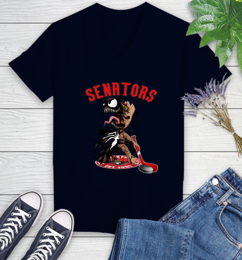 NHL Ottawa Senators Hockey Venom Groot Guardians Of The Galaxy Women's V-Neck T-Shirt 3