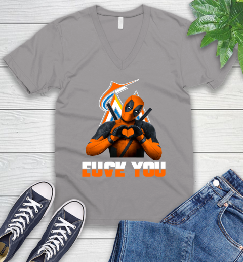 MLB Miami Marlins Deadpool Love You Fuck You Baseball Sports V-Neck T-Shirt 3