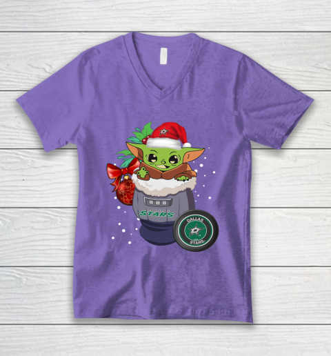 Dallas Stars Christmas Baby Yoda Star Wars Funny Happy NHL V-Neck T-Shirt 9