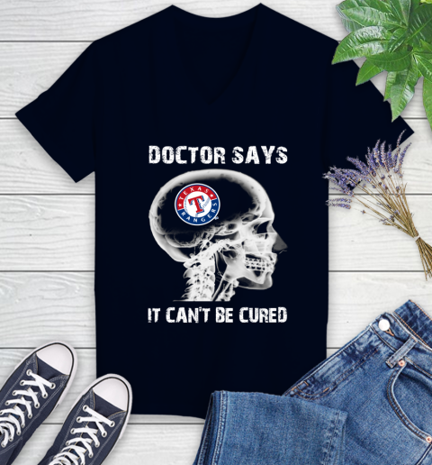 MLB Texas Rangers Baseball Skull It Can't Be Cured Shirt Women's V-Neck T-Shirt 2