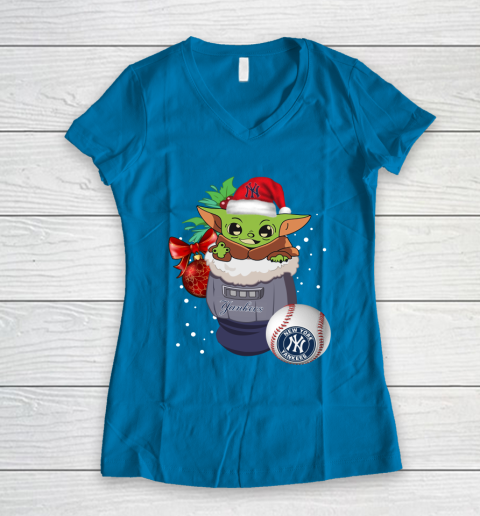 New York Yankees Christmas Baby Yoda Star Wars Funny Happy MLB Women's V-Neck T-Shirt 7