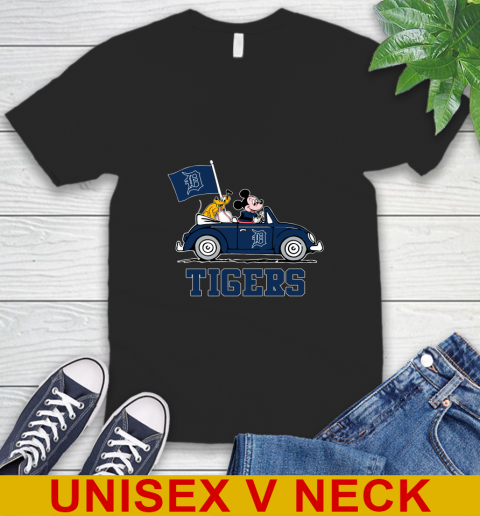 MLB Baseball Detroit Tigers Pluto Mickey Driving Disney Shirt V-Neck T-Shirt 2