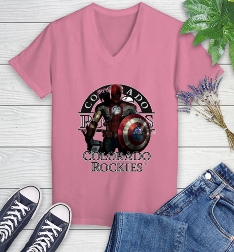 MLB Captain America Thor Spider Man Hawkeye Avengers Endgame Baseball Colorado Rockies Women's V-Neck T-Shirt 13