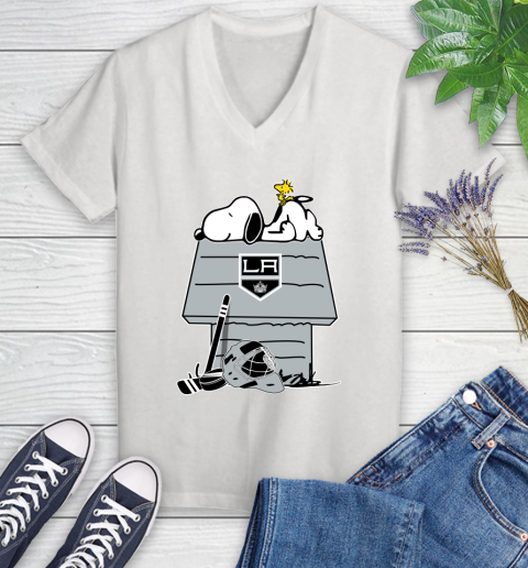 Los Angeles Kings NHL Hockey Snoopy Woodstock The Peanuts Movie Women's V-Neck T-Shirt