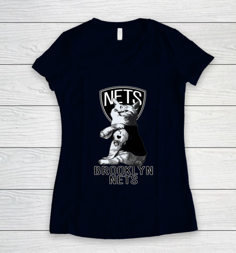 NBA Basketball My Cat Loves Brooklyn Nets Women's V-Neck T-Shirt 2
