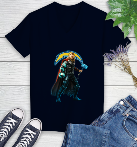 NFL Thor Avengers Endgame Football Los Angeles Chargers Women's V-Neck T-Shirt 3