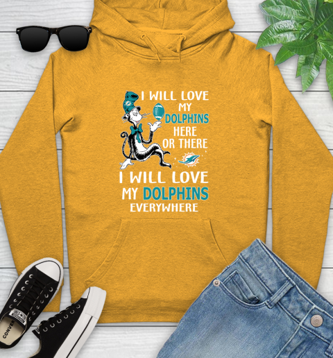 NFL Football Miami Dolphins I Will Love My Dolphins Everywhere Dr Seuss Shirt Youth Hoodie 2