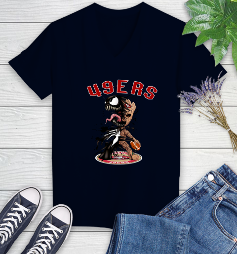 NFL San Francisco 49ers Football Venom Groot Guardians Of The Galaxy Women's V-Neck T-Shirt 3
