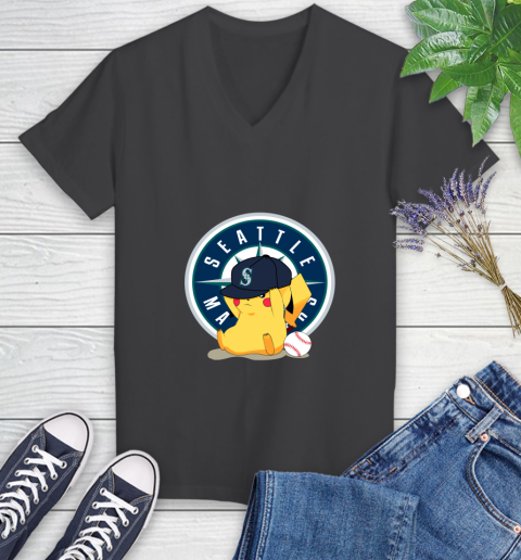 MLB Pikachu Baseball Sports Seattle Mariners Women's V-Neck T-Shirt 8