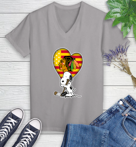 Chicago Blackhawks NHL Hockey The Peanuts Movie Adorable Snoopy Women's V-Neck T-Shirt 4