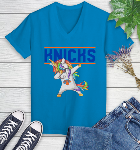 New York Knicks NBA Basketball Funny Unicorn Dabbing Sports Women's V-Neck T-Shirt 7