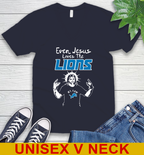 Detroit Lions NFL Football Even Jesus Loves The Lions Shirt V-Neck T-Shirt 2