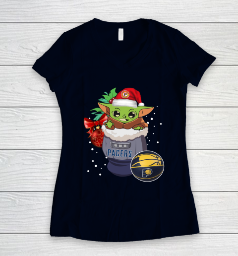 Indiana Pacers Christmas Baby Yoda Star Wars Funny Happy NBA Women's V-Neck T-Shirt 3