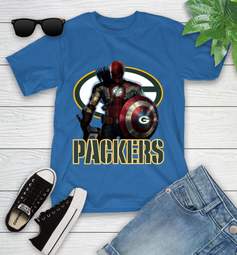 NFL Captain America Thor Spider Man Hawkeye Avengers Endgame Football Green Bay Packers Youth T-Shirt 9