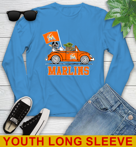MLB Baseball Miami Marlins Darth Vader Baby Yoda Driving Star Wars Shirt Youth Long Sleeve 8
