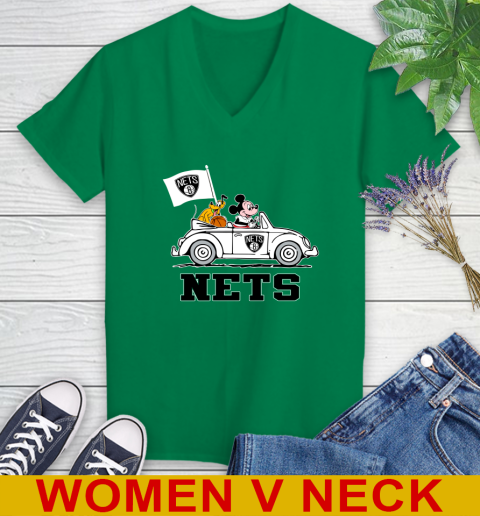 NBA Basketball Brooklyn Nets Pluto Mickey Driving Disney Shirt Women's V-Neck T-Shirt 6