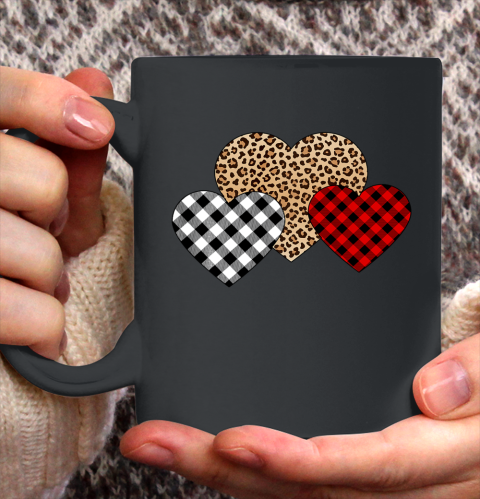 Valentine Three Hearts Leopard Buffalo Plaid Valentine s day Ceramic Mug 11oz