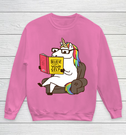Unicorn Shirt Believe in Yourself Motivational Book Lover Youth Sweatshirt 7