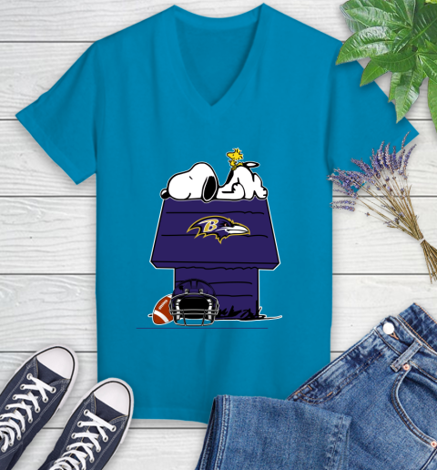 Baltimore Ravens NFL Football Snoopy Woodstock The Peanuts Movie Women's V-Neck T-Shirt 7