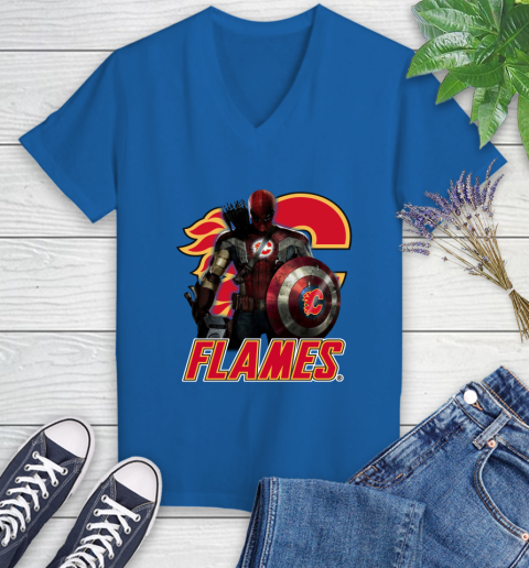 NHL Captain America Thor Spider Man Hawkeye Avengers Endgame Hockey Calgary Flames Women's V-Neck T-Shirt 10