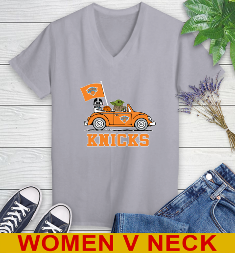 NBA Basketball New York Knicks Darth Vader Baby Yoda Driving Star Wars Shirt Women's V-Neck T-Shirt 5