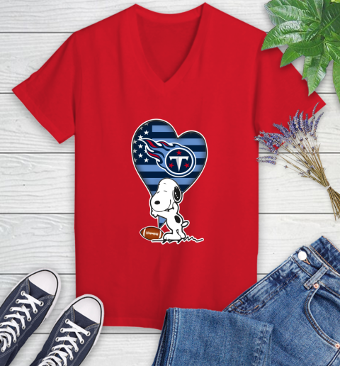 Tennessee Titans NFL Football The Peanuts Movie Adorable Snoopy Women's V-Neck T-Shirt 12