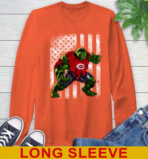 Cincinnati Reds Hulk Marvel Avengers MLB Baseball American Flag Long Sleeve T-Shirt 4