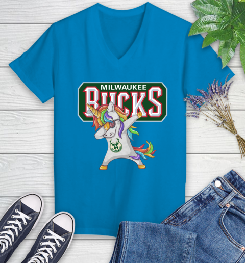Milwaukee Bucks NBA Basketball Funny Unicorn Dabbing Sports Women's V-Neck T-Shirt 7