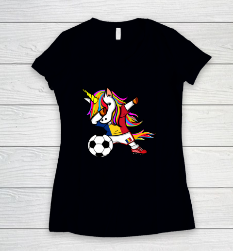 Dabbing Unicorn Romania Football Romanian Flag Soccer Women's V-Neck T-Shirt