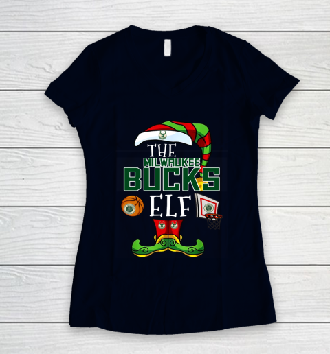 Milwaukee Bucks Christmas ELF Funny NBA Women's V-Neck T-Shirt 2