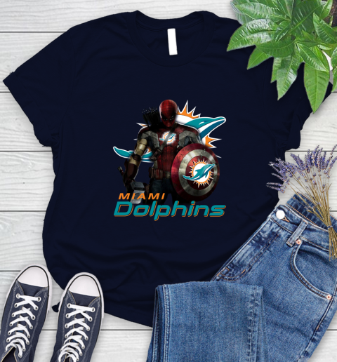 NFL Captain America Thor Spider Man Hawkeye Avengers Endgame Football Miami Dolphins Women's T-Shirt 3