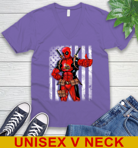 NFL Football Minnesota Vikings Deadpool American Flag Shirt V-Neck T-Shirt 8