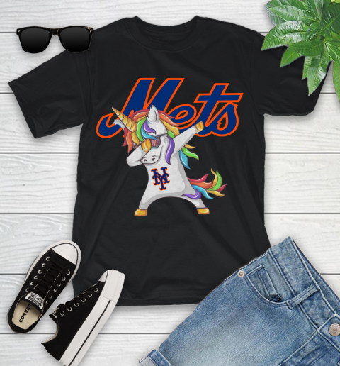 New York Mets MLB Baseball Funny Unicorn Dabbing Sports Youth T-Shirt 2