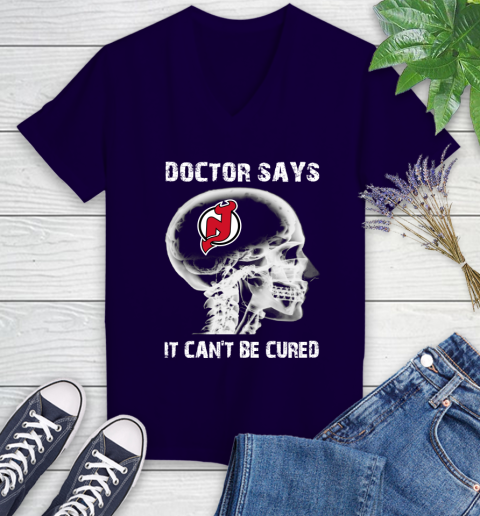 NHL New Jersey Devils Hockey Skull It Can't Be Cured Shirt Women's V-Neck T-Shirt 3