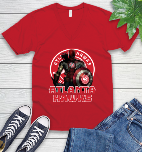 Atlanta Hawks NBA Basketball Captain America Thor Spider Man Hawkeye Avengers V-Neck T-Shirt 7