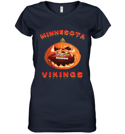 NFL Minnesota Vikings Halloween Pumpkin Football Sports u9ksxn7vuy6 women v neck t shirt 39 95 151514 front navy