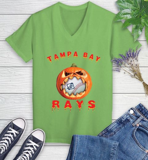MLB Tampa Bay Rays Halloween Pumpkin Baseball Sports Women's V-Neck T-Shirt 11