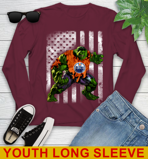 Edmonton Oilers Hulk Marvel Avengers NHL Hockey American Flag Youth Long Sleeve 6