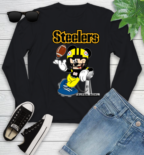 NFL Pittsburgh Steelers Mickey Mouse Disney Super Bowl Football T Shirt Youth Long Sleeve 2