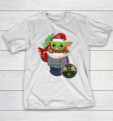 Milwaukee Bucks Christmas Baby Yoda Star Wars Funny Happy NBA T-Shirt 3